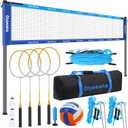 Outdoor Volleyball Badminton Combo Set with Net, Anti-Sagging Design, 4 Badminton Rackets, 3 Birdies and PU Volleyball for Backyard Lawn Beach (Deep & Light Blue Colorblock)