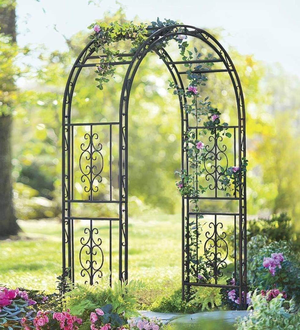 Plow & Hearth Arch Metal Outdoor Garden Arbor | Montebello | 84"H x 53"W x 23"D | Iron Trellis Lattice for Plants | Wedding Arch | Outdoor Patio Dcor