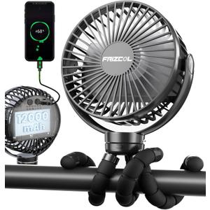 FRIZCOL Portable Stroller Fan, Use As Power Bank, 65H 12000mAh Battery Operated Fan Flexible Tripod Baby Car Seat Fans with Timming, Personal Mini Handheld/Desk/Small Clip On Fans For Stroller (Black)