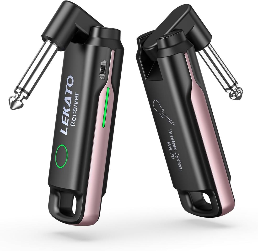 LEKATO Wireless Guitar System UHF Wireless Guitar Transmitter Receiver Rechargeable Audio Wireless Transmitter and Receiver with 70 Channels Wireless for Bass Electric Instruments(Pink)