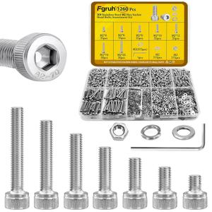 1260pcs M2 Screw Assortment kit, M2*4mm/6mm/8mm/10mm/12mm/16mm/20mm 304 Stainless Steel Hex Socket Head Cap Screw Bolts Nuts Flat & Lock Washer Set