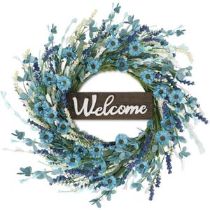 24inch Artificial Blue Forsythia Flower Wreath for Front Door Spring Summer Daisy Lavender Wreaths All Year Around Farmhouse Wild Wreath with Welcome Sign for Outdoor Wall Window Garden Porch Decor