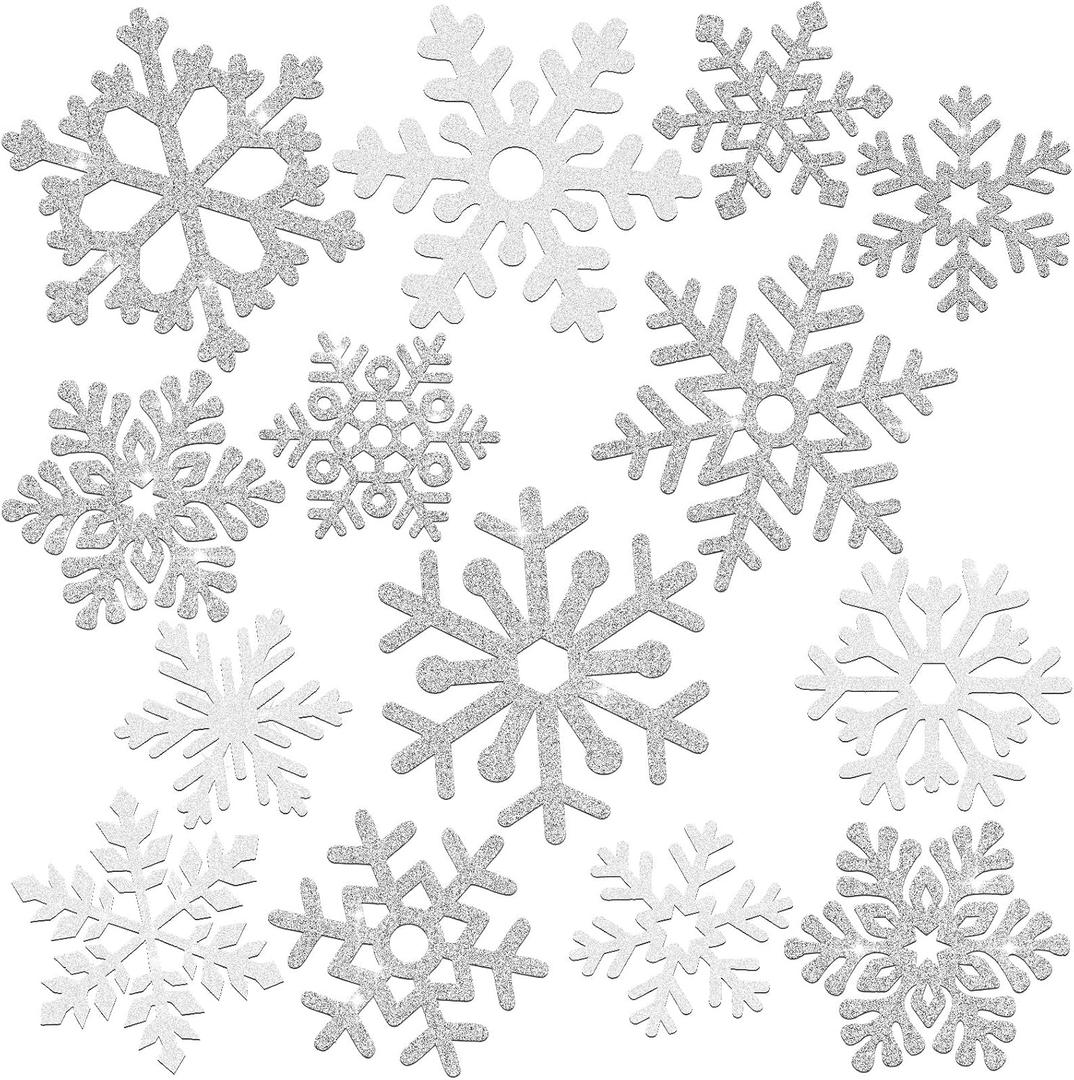 Geyee 96 Pcs Snowflakes Cutouts 12 Styles Glitter Snowflakes Board Cutouts Ornaments with Glue Point Dots for Winter Christmas Home Decoration(Silver, White)
