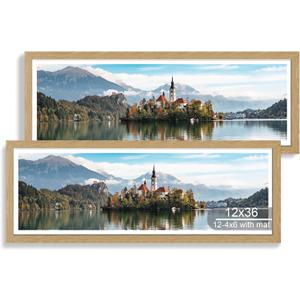 Hongkee 12x36 Picture Frame 2 Packs, Real Glass and Natural Oak Wood Frame, Display Collage Pictures Twelve 4x6 With Mat or Pennant 12 x 36 Without Mat - Horizontal or Vertical Wall Mounting