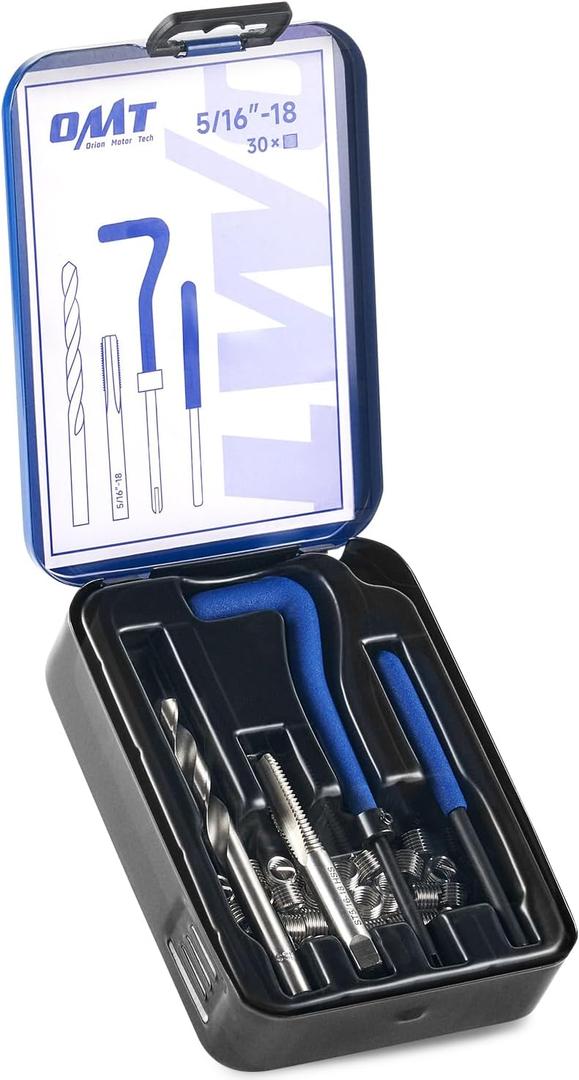 Orion Motor Tech Thread Repair Kit, 5/16"-18 Thread Repair Tool Set with HSS Drill Bit & 30 Thread Inserts, SAE Thread Repair Installation Kit for Rethreading Internal Threads with Carry Case