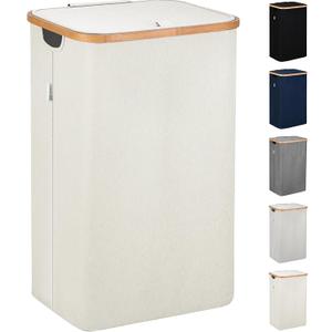 LONBET Laundry Basket with Lid, Made from Breathable Fabric | Aesthetic Clothes Hampers for Laundry with Side Handles & Sturdy Bamboo Frame (26 Gallons - Single, Beige)