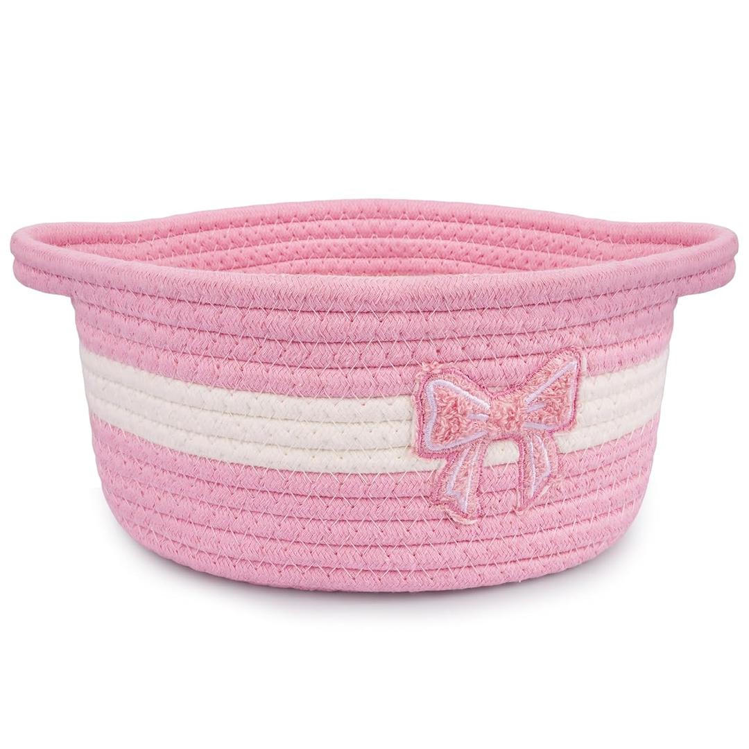 Pink Bow Basket for Nursery- Small Woven Gift Basket with Embroidered Bow, Empty Cute Rope Cotton Decorative Storage Bin, Baby 0rganizer with Handles, Shelves Shower Towel Wedding Decor