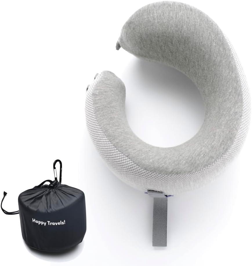 C CUSHION LAB Travel Pillow, Award-Winning Patented Ergonomic Design for Chin & Neck Support Memory Foam Neck Pillow, Compact Airplane Pillow for Traveling, Flight, Car (Gray, Medium)