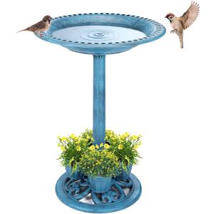 Bird Bath for Outside with 4 Removable Flower Planters 28in Polyresin Lightweight Vintage Birdbath for Outdoors Stake Standing Bowl and Water Feeder Yard Garden Decor Blue