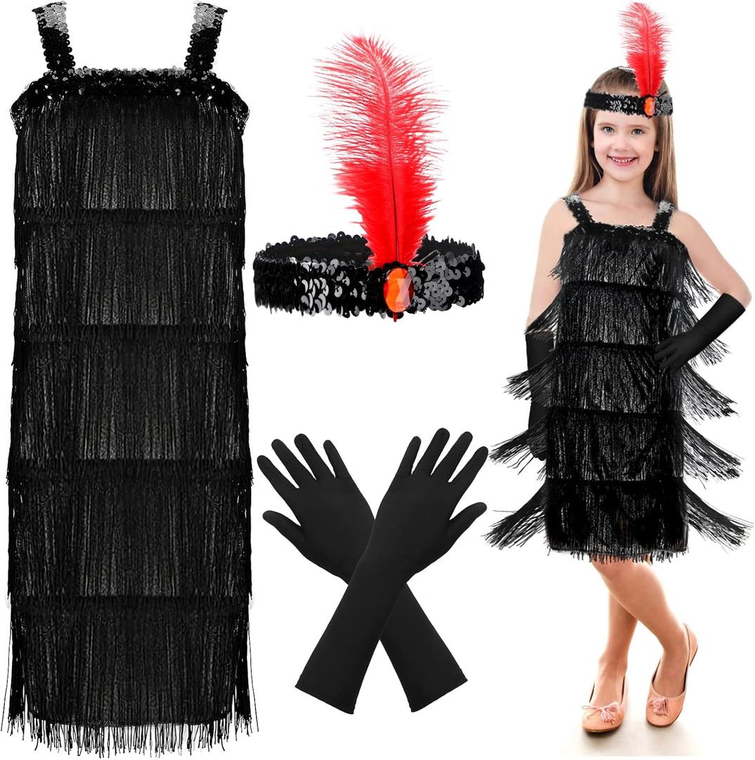 4 Pieces Girl's 20s Flapper Dresses Costume Set Feather Headband Fringed Dresses Gloves for Halloween Party (Black)