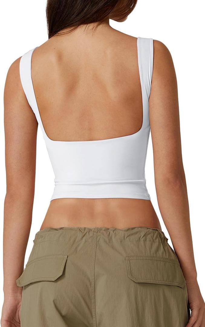 QINSEN Women's Sexy Open Back Sleeveless Crop Tank High Neck Slim Fit Cropped Tee Shirt Y2k Tops (White, L)