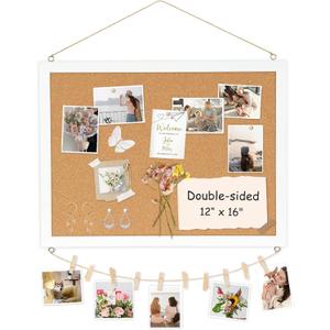 Double-Sided Cork Board for Wall, 16" x 12" Hanging Wood Framed Small Bulletin Board, Picture Display Vision Board Corkboards for Wall Room School Office Decor, 20 Pushpins (Vintage White)