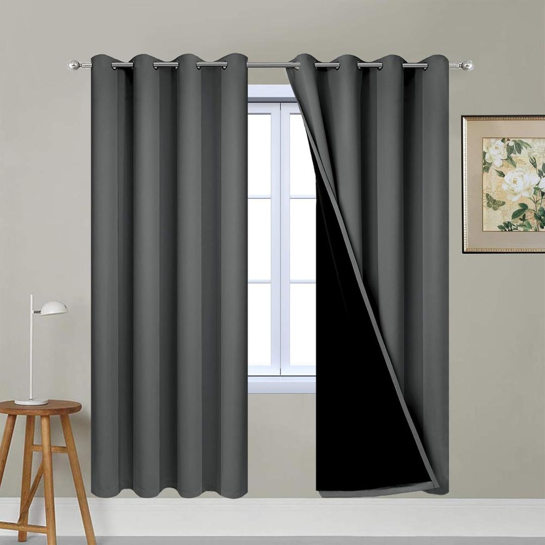 Yakamok 100% Blackout Curtains 72 Inches Long, 2 Thick Layers Thermal Insulated Window Treatment for Bedroom, Heat and Full Light Blocking Drapes with Black Liner (52Wx72L,Dark Grey,2 Panels)
