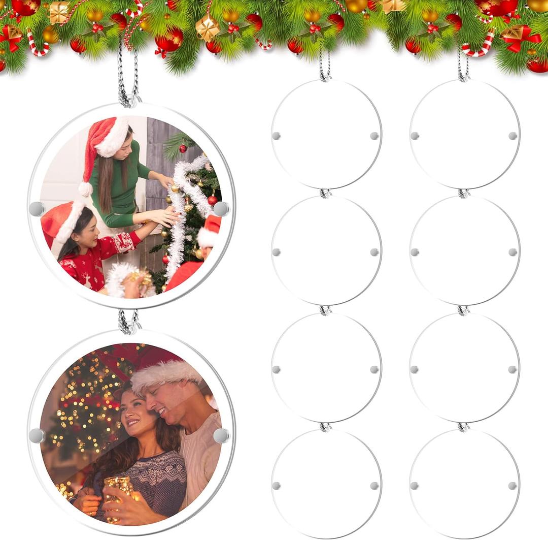 Colingmill 50 Pcs Christmas Hanging Photo Frame Ornaments, Personalized Clear Acrylic Double Sided Mini Christmas Picture Frame Ornaments with Rope for Xmas Tree Decoration (Round)