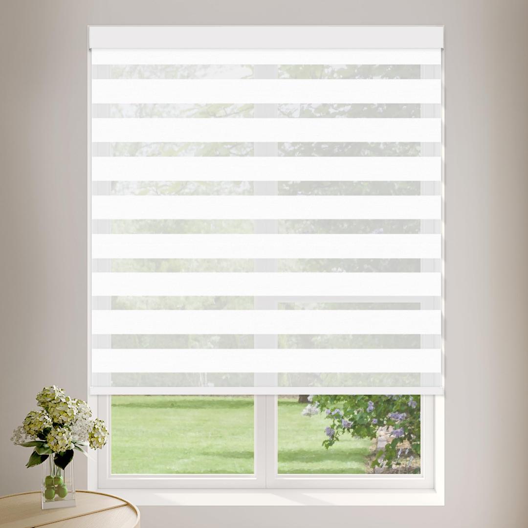 Cordless Zebra Blinds for Windows (22" W X 72" H, White) Free-Stop Zebra Roller Shades Dual Layer Light Filtering Privacy for Day and Night, Light Control for Home, Bedroom, Office
