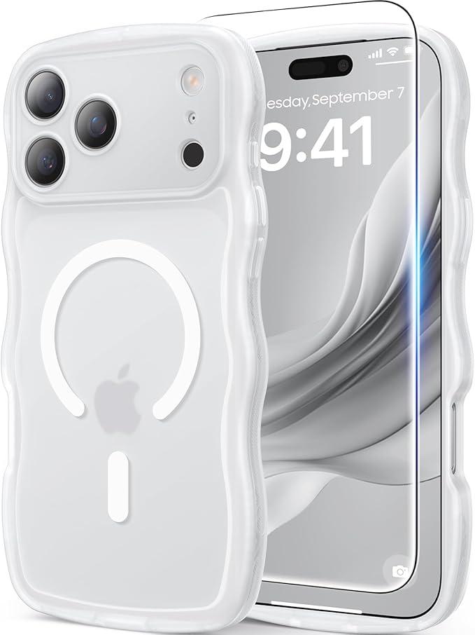 QVLANG Case for iPhone 17 Pro Max, Cute Wave Cover Case, Upgraded[Full Camera Protection][Compatible with Magsafe][Military Grade Protection][Translucent Matte] Phone Case for Women Girls, White