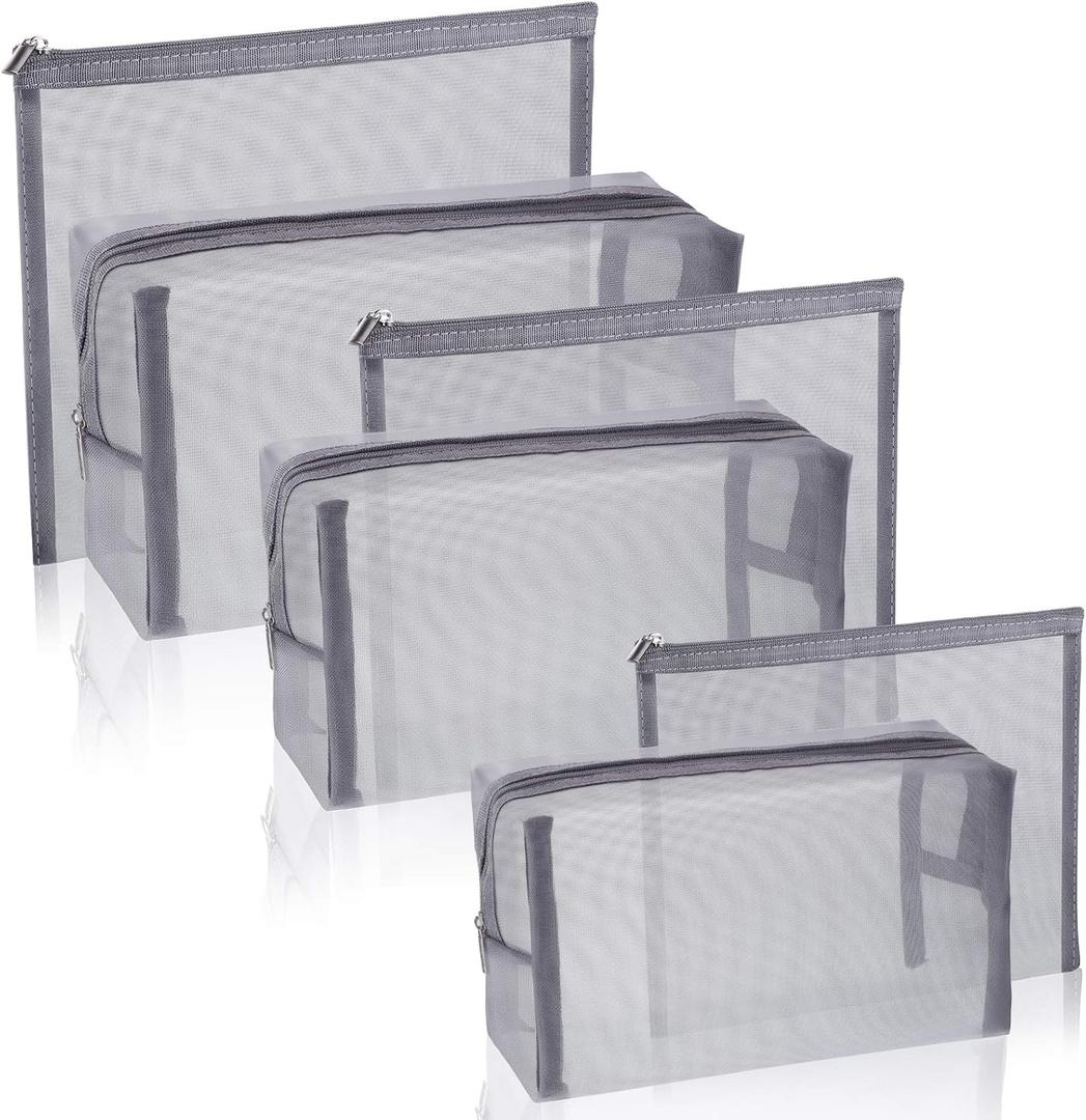 6 Pieces Mesh Makeup Bags Mesh Cosmetic Bag Portable Travel Organizing Zipper Pouch Toiletries Makeup Pouches for Home Office Travel Accessories (Gray)
