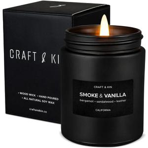 Craft & Kin Premium Smoke & Vanilla Candle | Black Scented Candles for Men | Long Lasting with 45 Hour Burn Time, 7.6oz | Soy Candle | Aromatherapy at Home | Gifts for Men