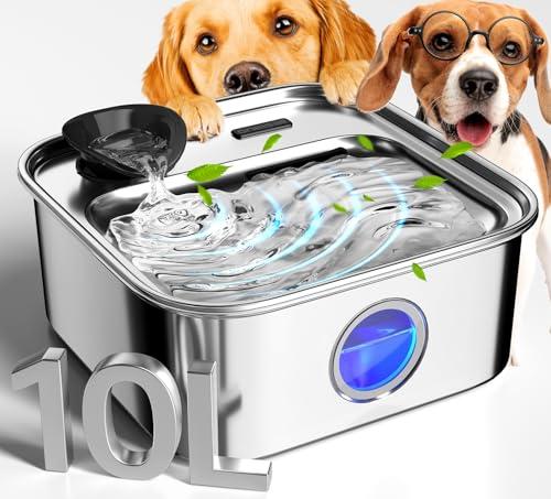oneisall Dog Water Fountain for Large Dogs, 10L/2.6Gal Stainless Steel Automatic Dog Water Bowl Dispenser with Deeper, Wider Drinking Area, Water Window & Triple Filtration for Large Dogs & Multi-Pet