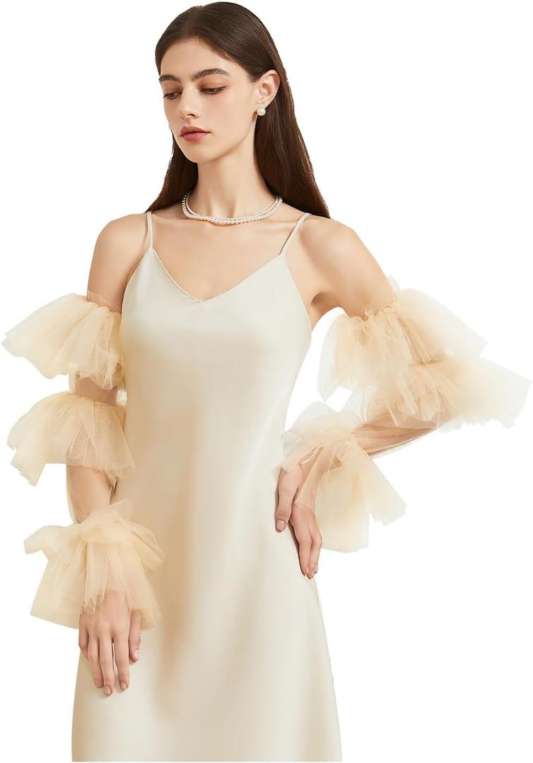 Huralona Women Long Puff Gloves Opera Velvet/Satin/Tulle Gloves Elbow Oversized Satin Ruffled Banquet Wedding Dance Party (Standard, Champagne)