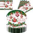 100 Pcs Christmas Oval Paper Plates and Napkins Set, 10" x 12" Large Disposable Plates for Christmas Party Supplies