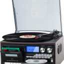9-in-1 Vintage-Inspired Bluetooth Turntable Record Player with Rich Stereo, AM/FM Radio, CD & Cassette, USB/SD Media Playback, Remote Control, Aux Input, RCA Output & Headphone Jack