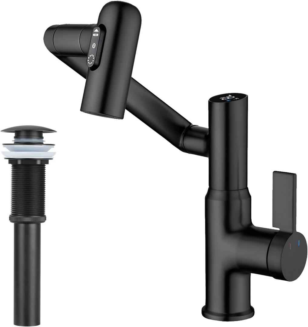 Lefton Rotatable Bathroom Faucet BF2204 with Pop-up Bathroom Sink Drain Stopper Without Overflow D01 (Contemporary, Matte Black)