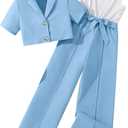 Hilinker Girl's 2 Piece Outfits Short Sleeve Blazer Belted Wide Leg Sleeveless Jumpsuit Sets