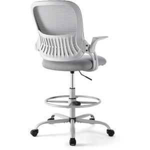 Sweetcrispy Tall Drafting Desk Chair - Ergonomic High Stool Computer with Adjustable Height and Comfy Lumbar Support, Office Rolling Counter with Flip-up Arm and Footrest, Grey