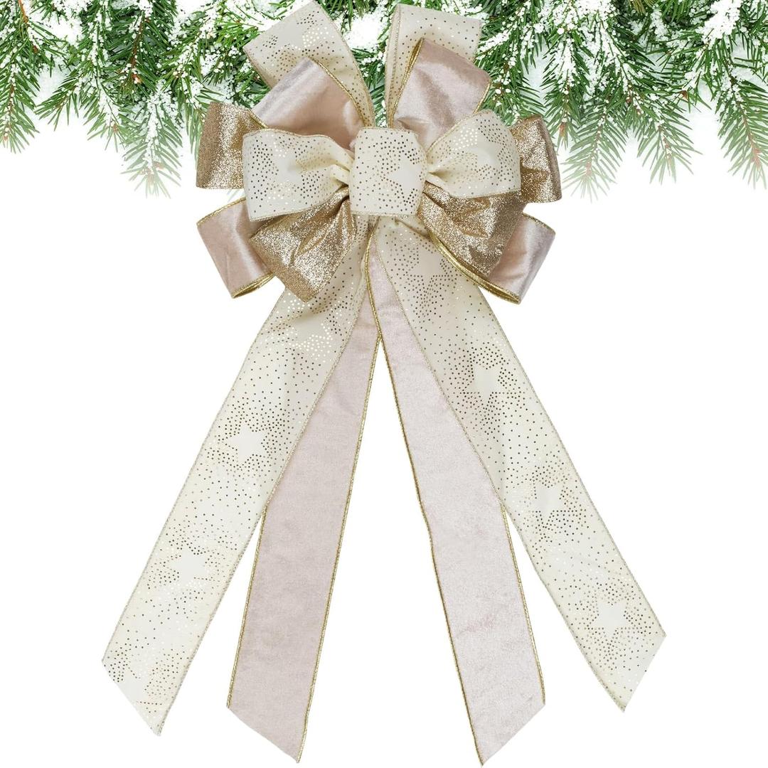 YKW Large Christmas Bow 21"x11" Cream Gold Glitter Tree Topper Wreath Door Holiday Decoration Premium Handmade Velvet Ribbon Indoor Outdoor Home Fireplace Gift Wedding Party Farmhouse Decor