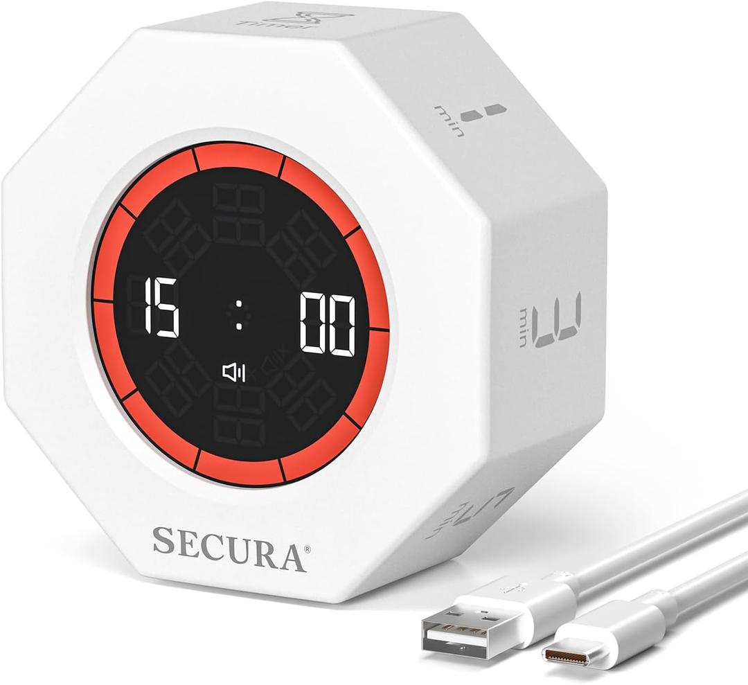 Secura Pomodoro Timer, Rotating Cube Time Tracker, Flip Gravity Sensor with 7 Presets, Visual Progress Bar for ADHD, Kids, Tasks, Work, Study (White)