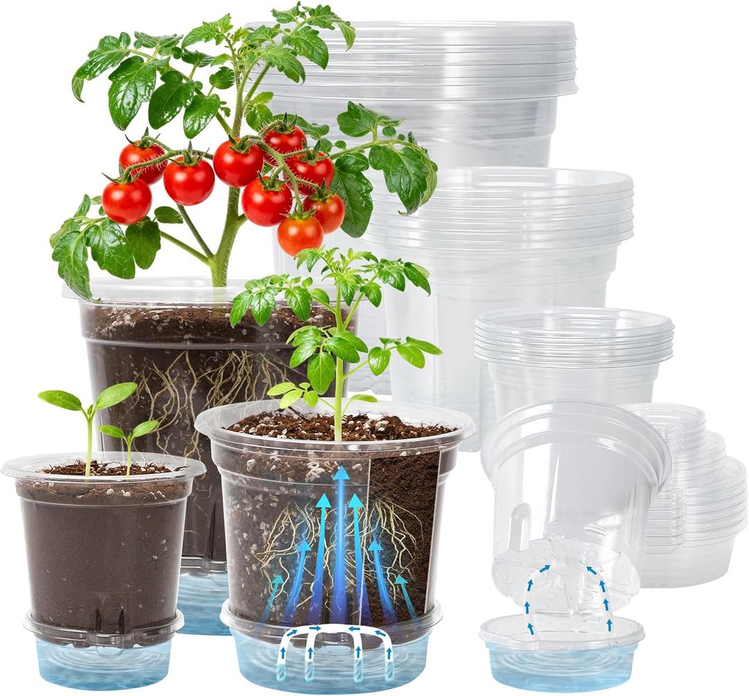 Bluepro 18 Pack 6.5/5/4 Inch Clear Self Watering Plant Pots with Bottom Water Tray & Watering Rope, Transparent Nursery Pots with Drainage for Seedlings, Herbs, and Houseplants