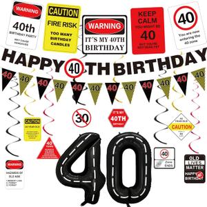Roetyce 40th Birthday Party Decorations Men Women, Caution Logos Happy 40th Birthday Banner Balloons Hanging Swirls Kit, Funny 40 Years Old Wall Signs for Adults, Black Red 40 Zone Backdrop Decor