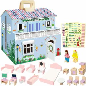 DIY Wooden Dollhouse with 3 Sticker Sheets  Create 2 Styles (White & Pink), Foldable Design with Portable Handle & Metal Lock, 4 Rooms, 16 pcs Furniture, 2 Dolls, Gift for Kids Ages 3+