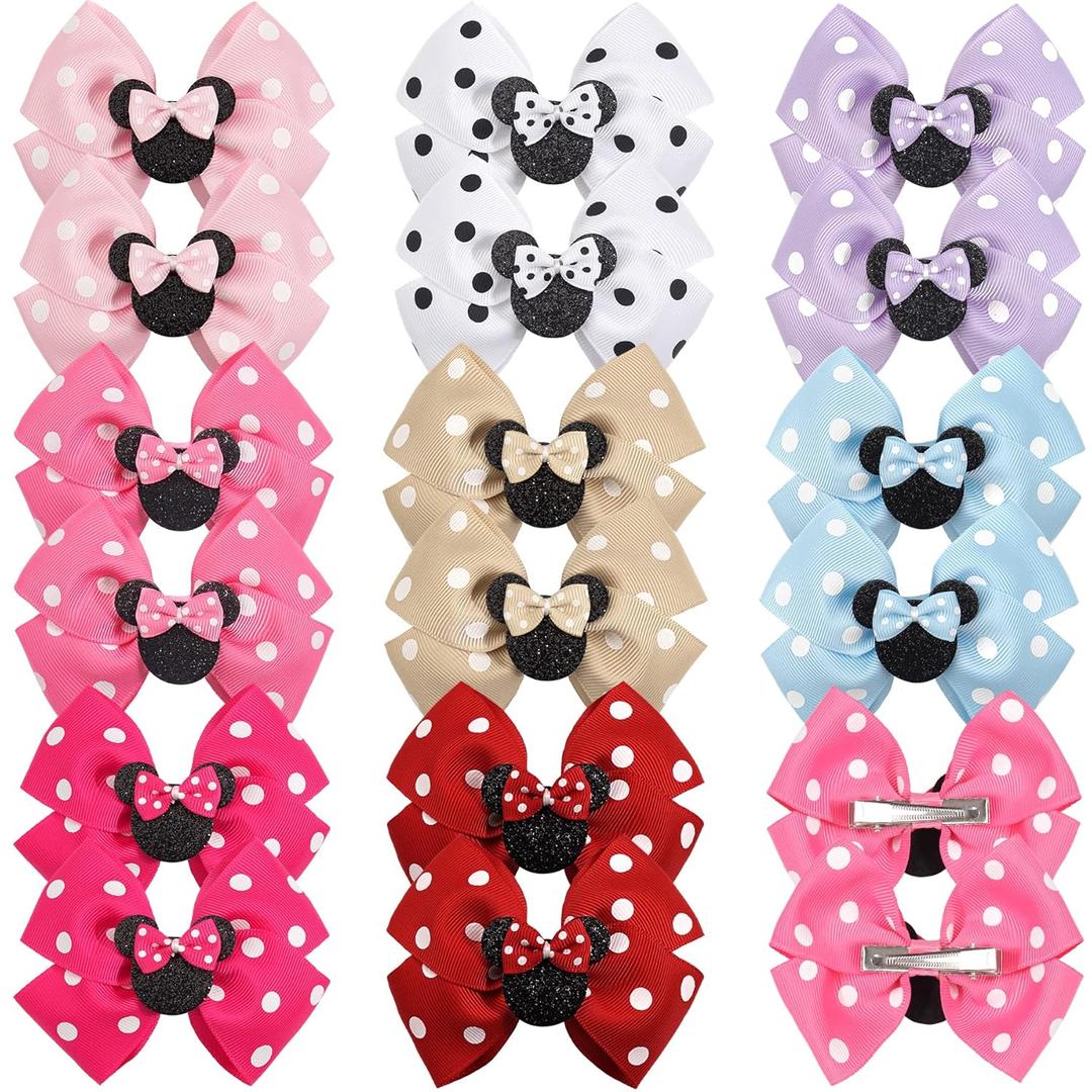 Qearl 16 Pcs Mouse Ears Bow Clips for Girls, Polka Dot Red Bows Theme Park Costume Party Decoration for Toddlers Girls in Pairs