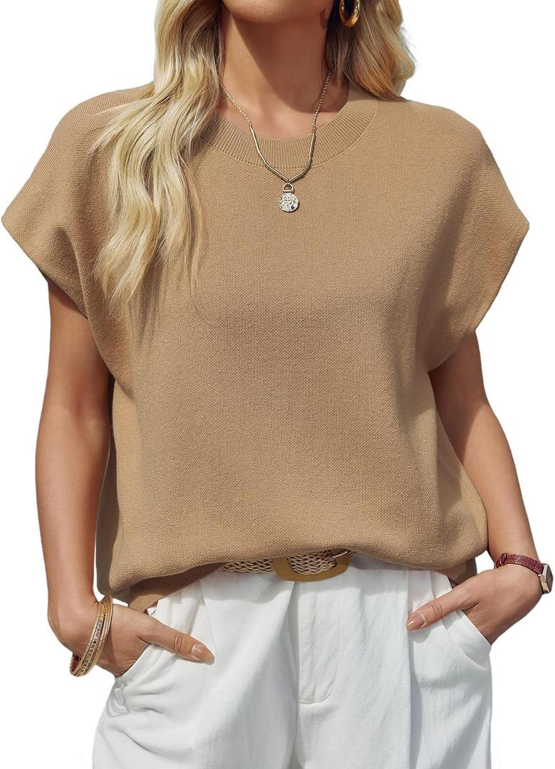 Saodimallsu Womens Cap Sleeve Sweater Top Summer Crew Neck Trendy Going Out Loose Knit Shirt (Brown)
