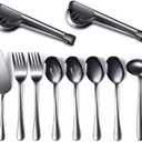 Patelai Serving Utensils Set Include Stainless Steel Large Spoons Slotted Spoons Forks Tongs Soup Ladle and Pie Server for Parties Buffet Catering, Dishwasher Safe(Black,10 Pieces)