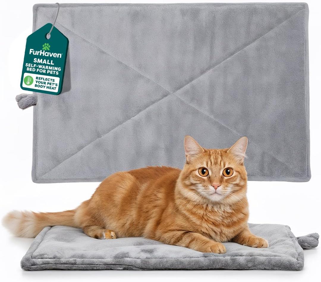 FurHaven ThermaNAP Self Warming Cat Mat/ Dog Bed for Crates with Self-Warming Technology for Cozy Rest, Fully Machine Washable, Small, Plush Faux Fur, Gray