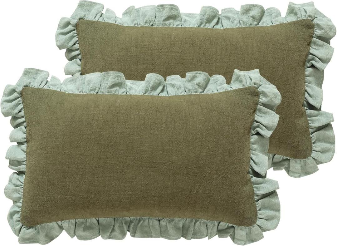 patdrea Shabby Chic Green Decorative Throw Pillow Covers 12x20 Set of 2, Farmhouse Linen Pillow Covers with Ruffles, Rectangle Sturdy Throw Pillow Case for Couch Sofa Bed Living Room