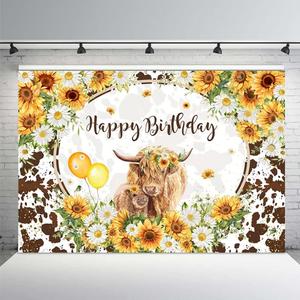 MEHOFOND 7x5ft Highland Cows Floral Birthday Backdrop Brown Cattles Happy Birthday Party Decorations Sunflowers Farm Cow Photography Background for Girls Cake Table Banner Supplies