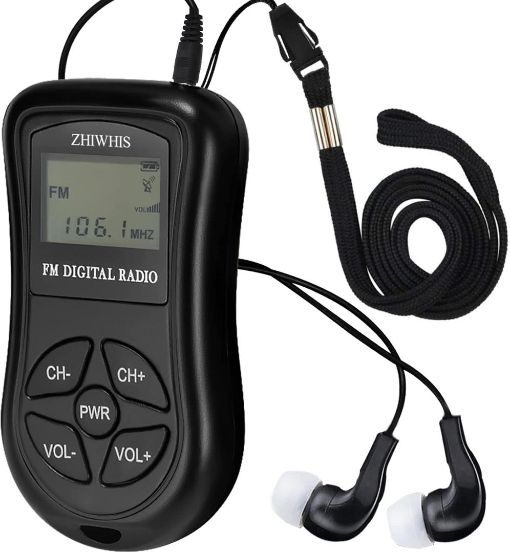 ZHIWHIS Mini Portable FM Radio, Stereo LCD Digital Display Tuning Pocket Walkmen Transistor Conference Receiver with Earphone, Small Pocket Radio Operated by AAA Batteries for Walking/Running (Batteries not included)