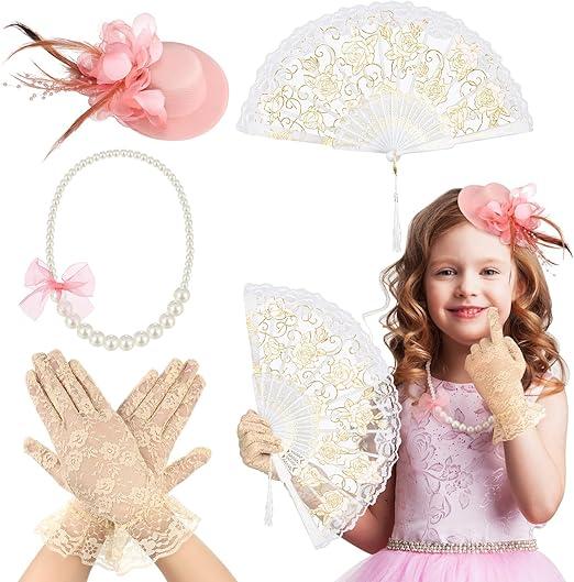 Sintege 4 Pcs Girls Tea Party Set Girls Tea Party Accessories Gloves Hats Necklace Fans for Toddler(White)