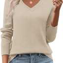 Zeagoo Women's 2026 Fall V Neck Sweater Trendy Long Sleeve Casual Lightweight Ribbed Knit Pullover Tops (Beige), 
