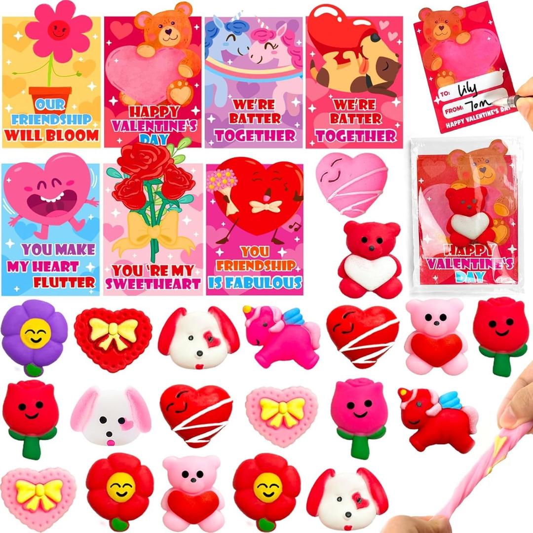 NAWITDA 28 Pack Valentines Day Cards for Kids Classroom, Kawaii Mochi Squishies Fidget Toys with Valentines Cards, Classroom Gift Exchange, School Party Favors for Boys Girls