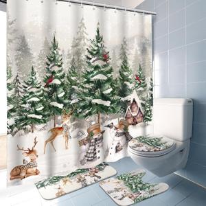 4 Pcs Christmas Shower Curtain Set for Bathroom Farmhouse Winter Vintage Shower Curtain with 12 Hook Rustic Bathroom Non Slip Rug Toilet Lid Cover, 70.8 x 70.8'' Waterproof(Forest Style)