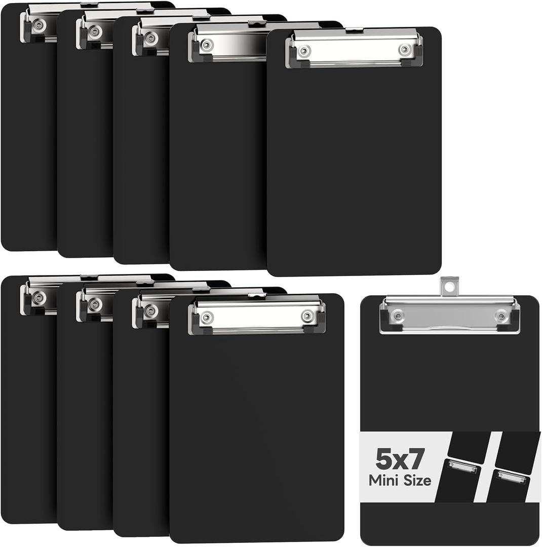 Mini Clipboard 10 Pack, 5 x 7 Plastic Small Black Clip Boards with Low Profile Clip, Memo Size for Classroom, Teacher, Students, School & Office Supplies