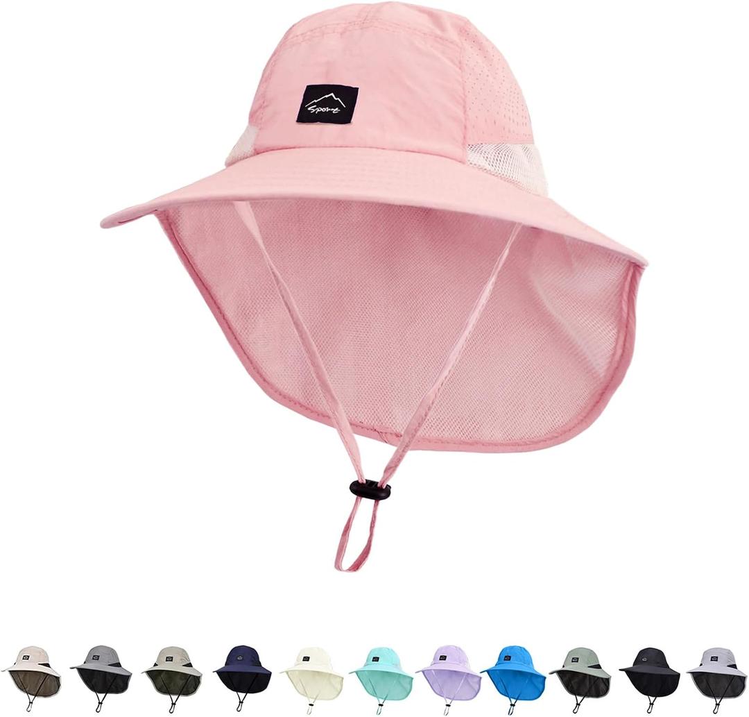 Outdoor Kids Sun Hat with Neck Flap UPF 50+ Quick Dry Beach Hats for Baby Boys Girls Age 2-12 Years Adjustable (Pink)