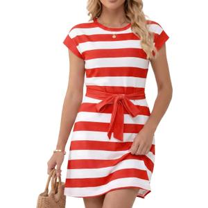 Women's Summer Dresses 2026 Striped Cap Sleeve Crewneck Casual A-Line T-Shirt Dress with Tie Waist Pockets Red L