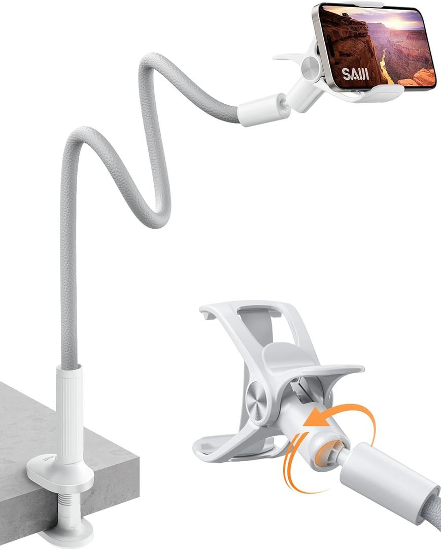 SAIJI Gooseneck Phone Stand for Bed, Lazy Bracket Cell Phone Holder Long Arm Clip Clamp Mount for Filming, Compatible with 4-7'' Mobile Cell Phone Stand Document Camera Nintendo Switch(Grey) (Upgraded Rotatable-Ball Clamp, Gray)