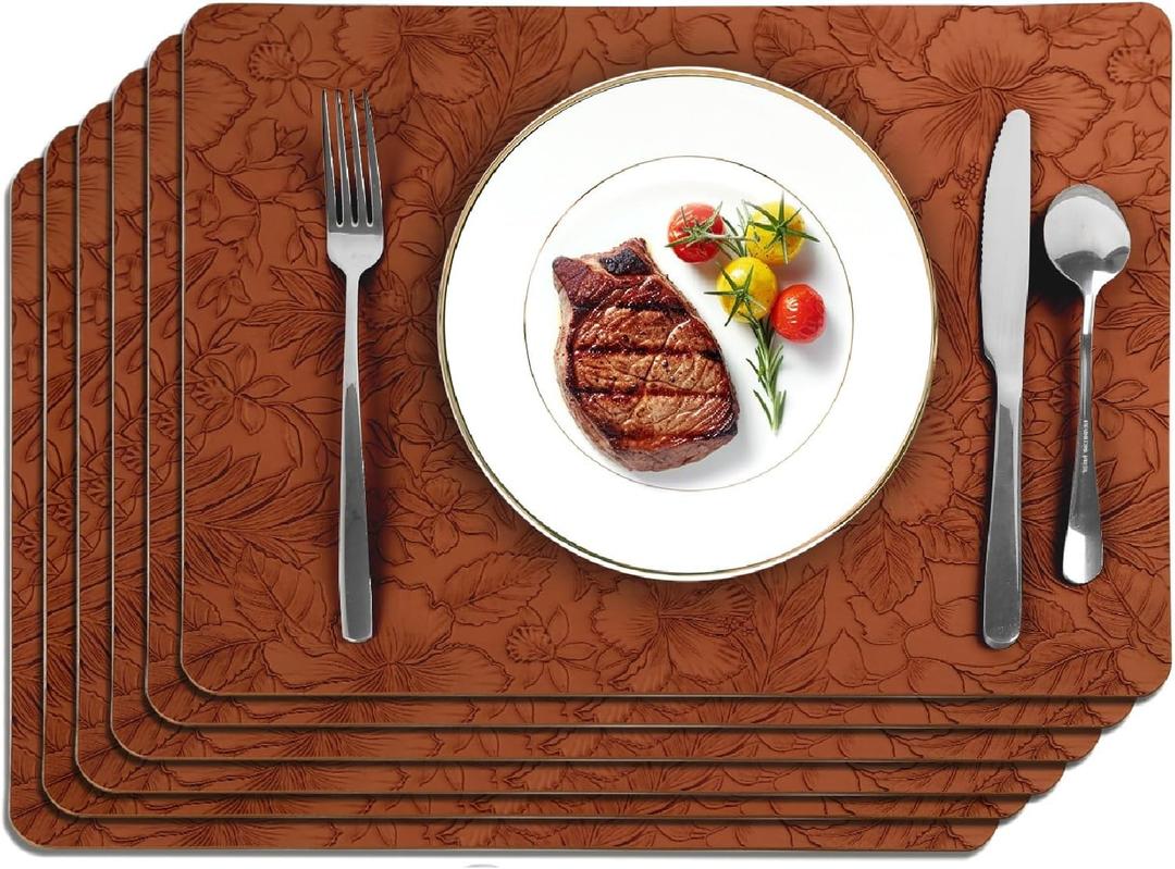 SolaraDawn Faux Leather Table Placemats Set of 6, Washable, Wipeable & Heat-Resistant Table Mats, Waterproof Dining Place Mats with Embossed Texture for Kitchen & Dining, Caramel Brown, 17"  12"